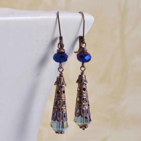Antiqued Copper Filigree & Iris Glass Earrings - Picture 1 of 5
